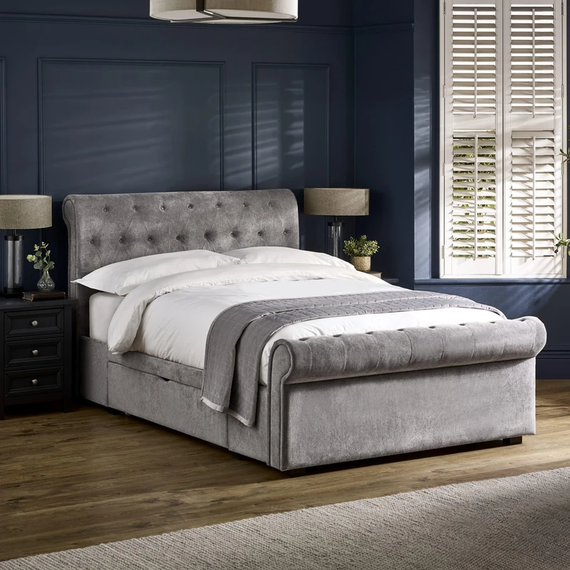 Julian Bowen Ravello Double Bed - Upholstered Grey Storage Bed Frame 4ft 6in/135cm with 2 Drawers, Buttoned Headboard & Slats, No Box Spring Needed - H114.5 x W147 x D237cm