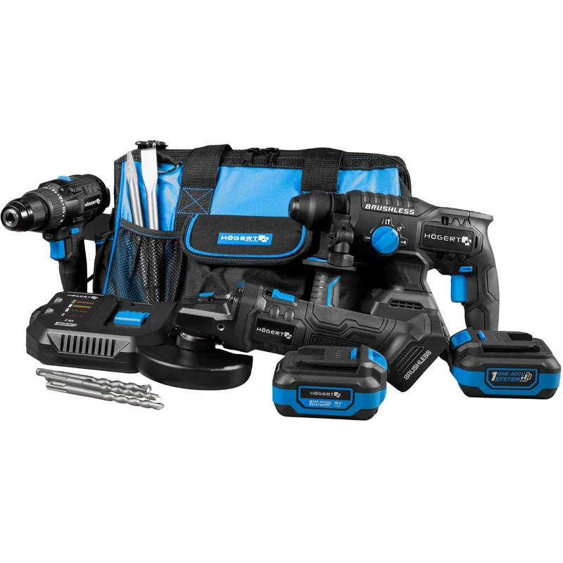 HÖGERT TECHNIK BL Construction 18V Cordless Tool Set - Brushless Drill 80 Nm, Hammer Drill, Angle Grinder 125 mm, 2 x 4 Ah Battery, Charger 4 A
