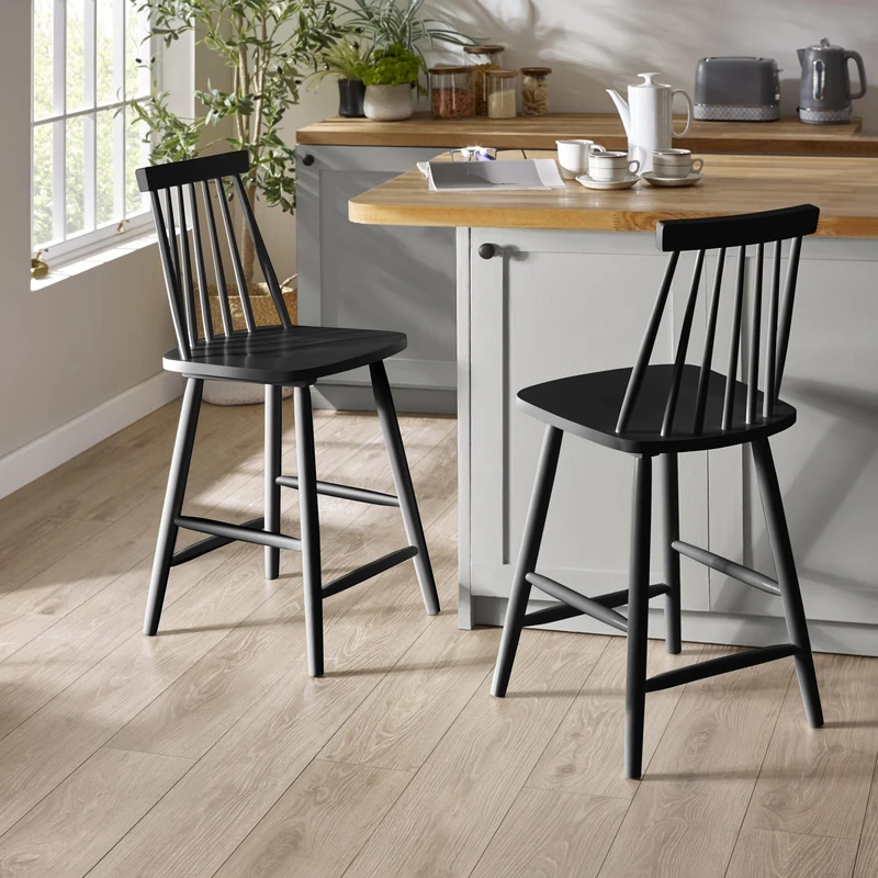 Julian Bowen Alassio Bar Stool - Black Solid Wood Barstool with Spindle Back & Footrest, 112cm Tall Kitchen Island Chairs for Breakfast Bar, Contemporary Design - W49 x D53cm