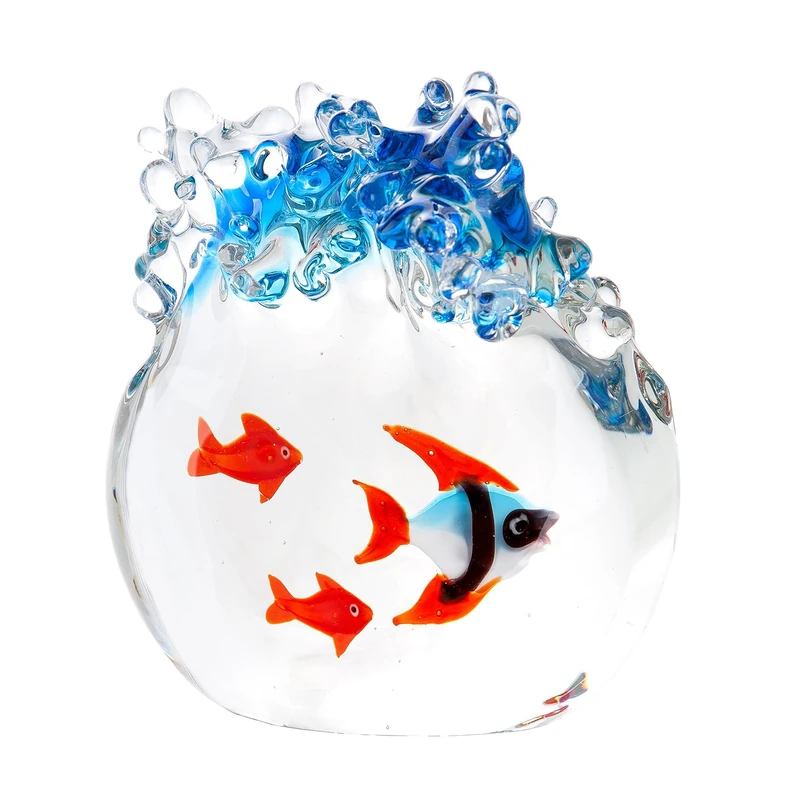 Glass Art Decorative Object Wave Made of Glass - Fish Motif - Glass Art - Blue Clear - Height 15 cm x Width 13 cm - Wave