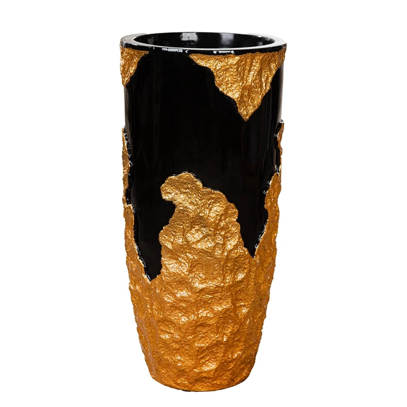 GILDE Famosa Planter XXL Fibreglass Poly, Round, Motif Pattern, Gold/Black, Height 70 cm x Diameter 33 cm - Image 1