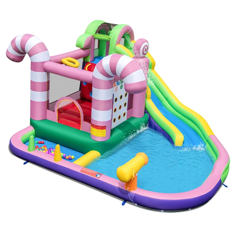 GYMAX Inflatable Water Park, 9 in 1 Kids Bouncy Castle with Slide, Climbing Wall, Water Cannon, Tic Tac Toe Game, Ball Pit & Basketball Hoop, Children Jumping House for 3-10 Years Old, 425x375x225cm