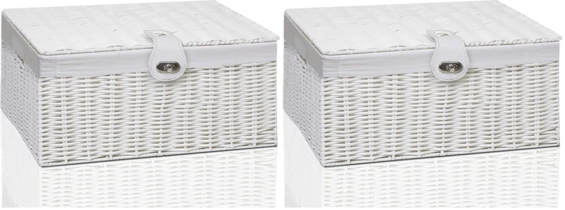 Clarisworld Resin Woven Hamper Basket Storage Chest Trunk Hamper/Kids Toy with Lid, Lock and Removable Lining, W49 x D35 x H22cm (White) (Pack of 2)