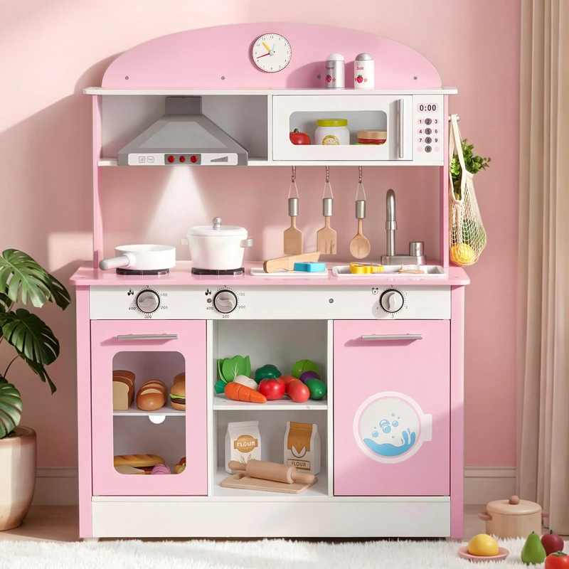 VEVOR Toy Kitchen for Kids 3-8 Years, Wooden Kids Kitchen with Lights and Sounds, Interactive Areas with Microwave, Dishwasher, Accessories, Kitchen Set with Storage, Pink
