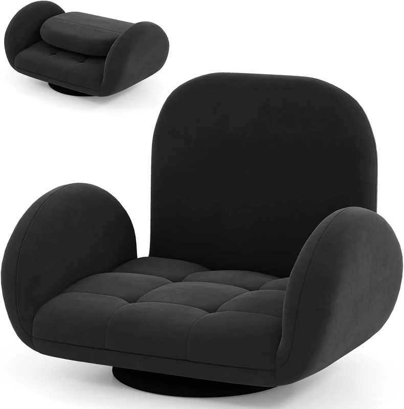 RELAX4LIFE Folding Floor Chair, Lazy Sofa Bed Seat with Adjustable Backrest & Armrests, Upholstered Recliner Lounge Chair Sleeper Couch for Gaming Reading Meditation (Black, with Swivel Base)