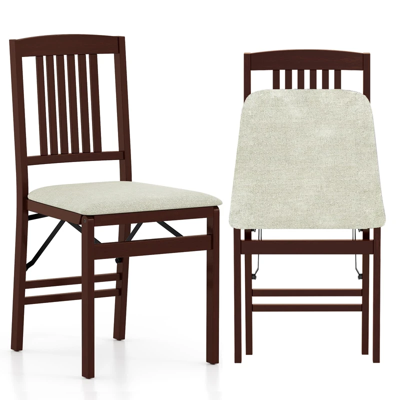 GiantexUK Folding Dining Chairs Set of 2, Padded Kitchen Chairs with Rubber Wood Backrest & Legs, Space-saving Conference Guest Seating for Dining Room Office (Beige + Brown, Linen Fabric Seat)