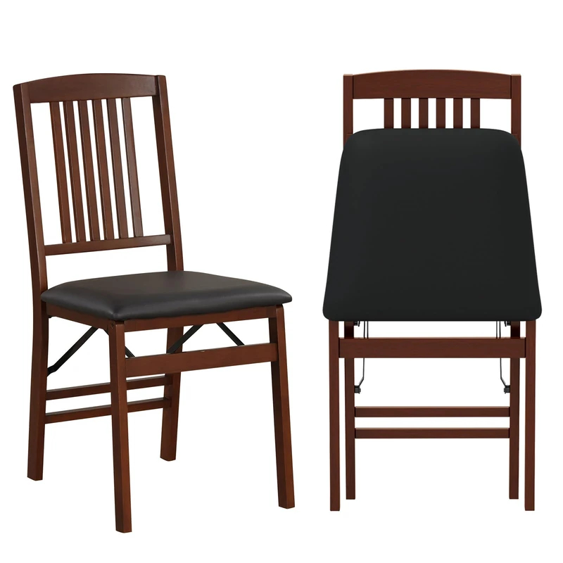 GiantexUK Folding Dining Chairs Set of 2, Padded Kitchen Chairs with Rubber Wood Backrest & Legs, Space-saving Conference Guest Seating for Dining Room Office (Black + Brown, PVC Leather Seat)