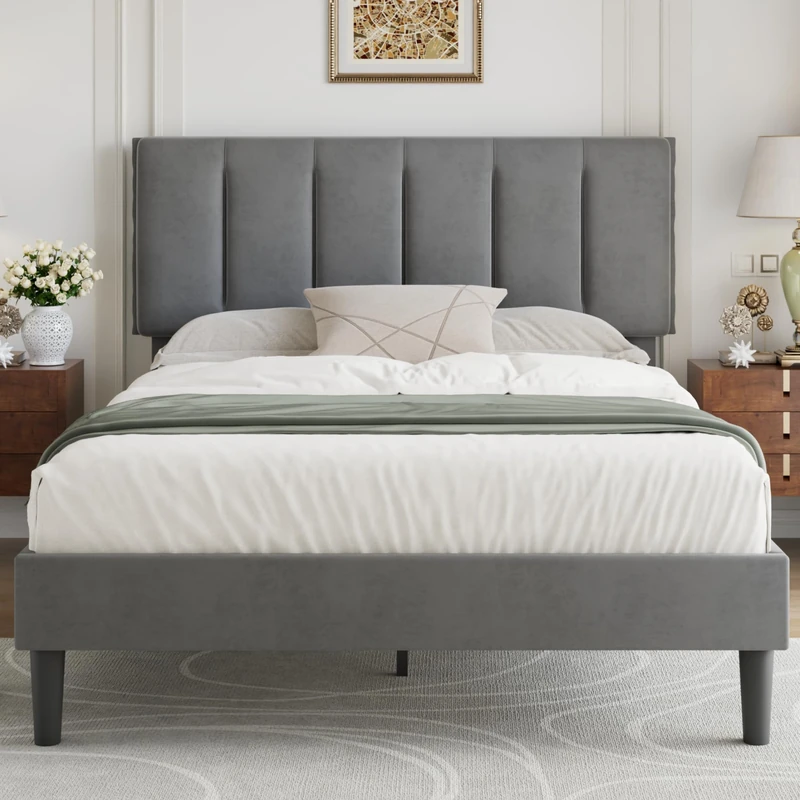 VECELO 4FT6 Double Bed Frame Upholstered Platform with Adjustable Headboard, Velvet Fabric, Sturdy Wooden Slat Support, No Box Spring Needed, Easy Assembly, Grey