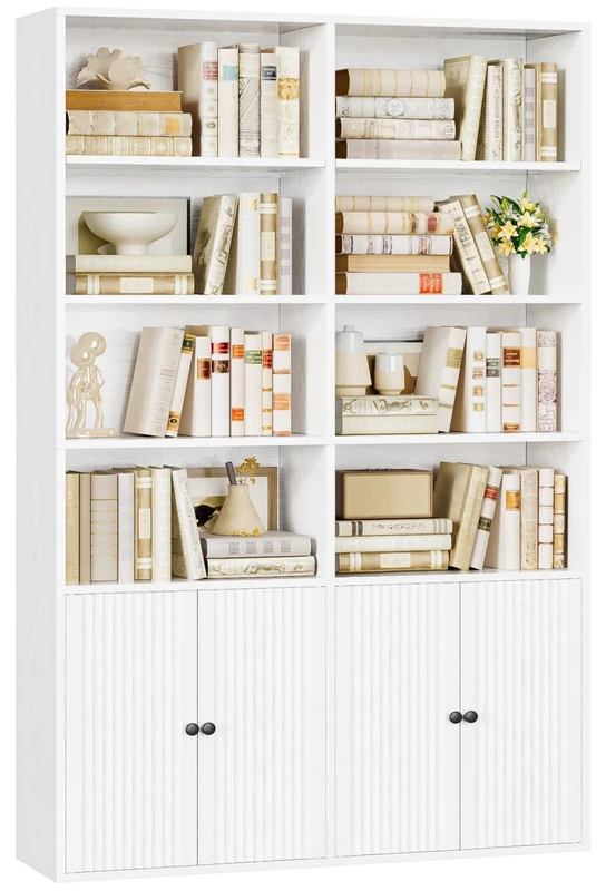 IRONCK Bookcase with doors, 180cm Tall Bookshelf, 6 Tier Living Room Bookcases, 8 Open Compartments, Free Standing Display Shelf, Wooden Shelving Storage Unit for Home Office 108×30×180cm (White)