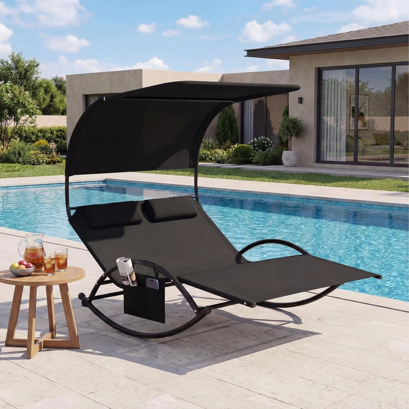 FANTASK Sun Lounger for 2 People, Double Lounger with Roof, Side Pocket and 2 Removable Headrests, Swing Lounger Maximum Load 300 kg, for Garden and Patio (Black) - Image 1