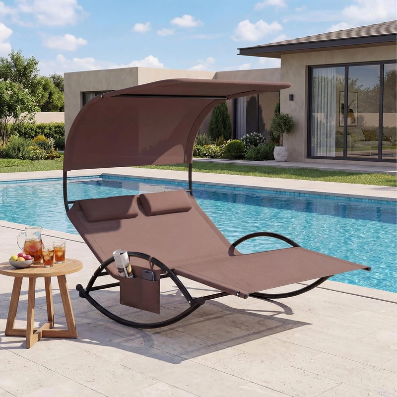 FANTASK Sun Lounger for 2 People, Double Lounger with Roof, Side Pocket and 2 Removable Headrests, Swing Lounger up to 300 kg, for Garden and Patio (Brown) - Image 1