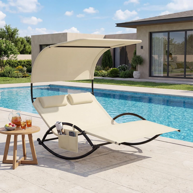 FANTASK Sun Lounger for 2 People, Double Lounger with Roof, Side Pocket and 2 Removable Headrests, Swing Lounger Maximum Load 300 kg, for Garden and Patio (Beige) - Image 1