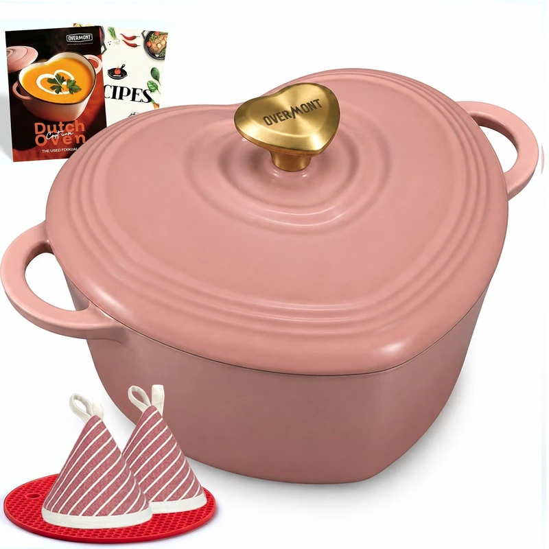 Overmont 2L Enamelled Cast Iron Dutch Oven - Heart-Shaped Casserole Dish with Lid - 2QT Mini Pot, Oven Safe to 260°C for Baking Bread, Soups & Stews - Gift for Wedding Birthday Housewarming, Pink - Image 1