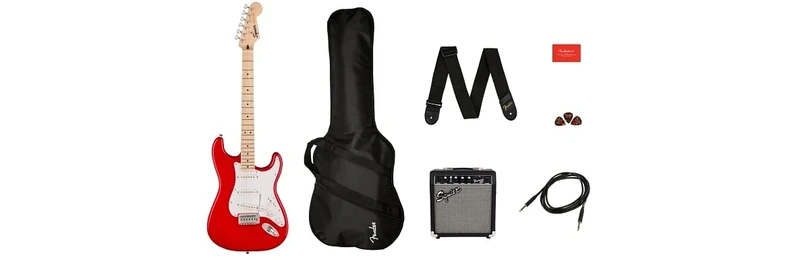 Squier by Fender Sonic Stratocaster Electric Guitar Pack, Maple Fingerboard in Torino Red, Squier Frontman 10W Guitar Amp, Picks, Strap, Cable, Comes with Free Virtual Lessons