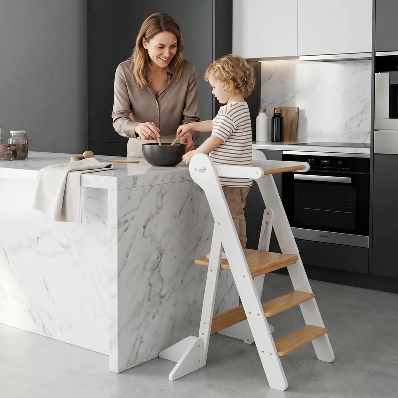 COSYLAND Height-Adjustable Folding Kids Standing Tower - Upgraded Wooden Standing Stool for Kitchen Cooking & Learning - Ages 18 Months to 6 Years (Natural & White)