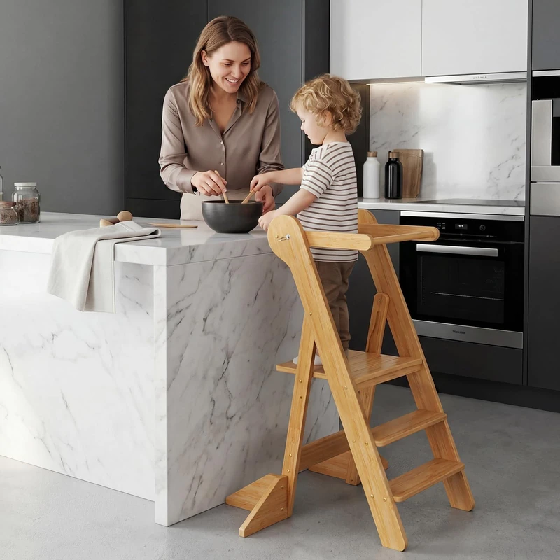 COSYLAND Upgraded Foldable Kids Step Stool, Height-Adjustable Wooden Tower with Fixed Mesh Protection, Space-Saving Standing Helper Tower for Counter & Sink (Natural)