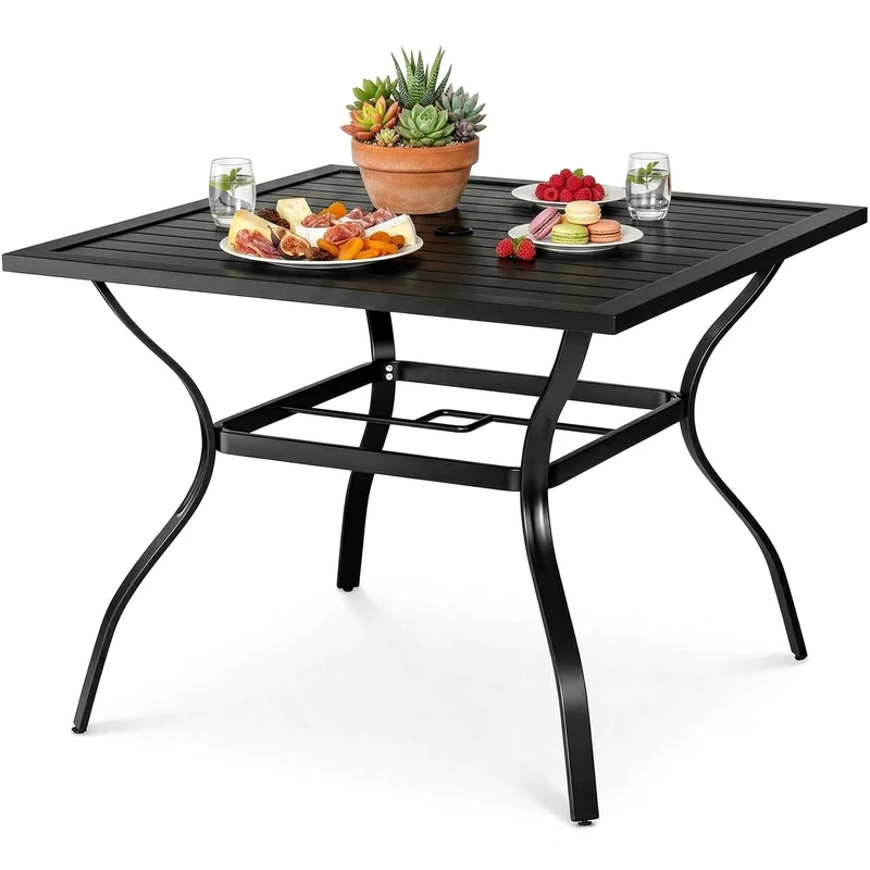 Clevich Garden Table with Parasol Hole 94 x 94cm for 4 People, Outdoor Patio Table with Rustproof Steel Frame, Slatted Tabletop & Non-slip Foot Pads, Square Dining Table for Backyard/Patio/Terrace