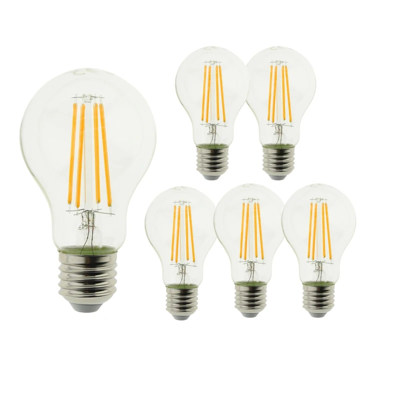 Blaupunkt Filament E27 LED Glass Bulb - Clear Glass Classic A60, Screw, 8W (75W Equiv.), 1055 Lumens, Warm White 2700K, Non-Dimmable Vintage Retro Decorative Light, Cost‑Saving Light - 6 Pack