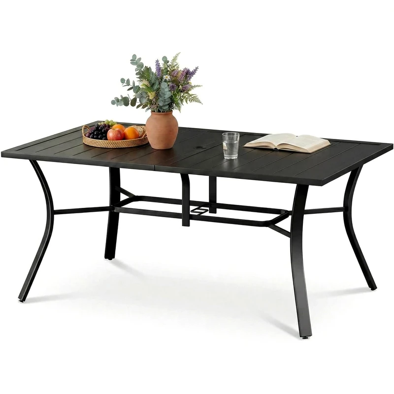 Clevich Garden Table with Parasol Hole 160 x 96cm for 6 People, Outdoor Patio Table with Rustproof Steel Frame, Slatted Tabletop & Non-slip Foot Pads, Square Dining Table for Backyard/Patio/Terrace