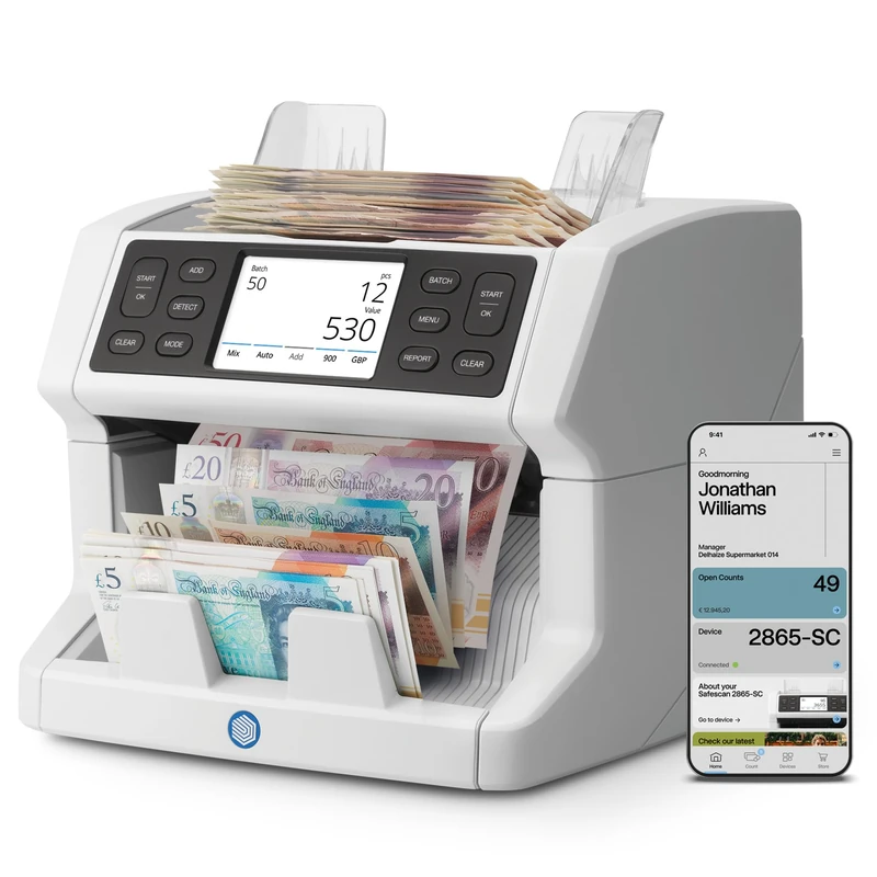 Safescan 2865-SC Top-Loading Money Counting Machine that Rapidly Counts Mixed Notes - Cash Counting Machine with 9-Point Counterfeit Money Detector - Money Counter with Free Safescan app