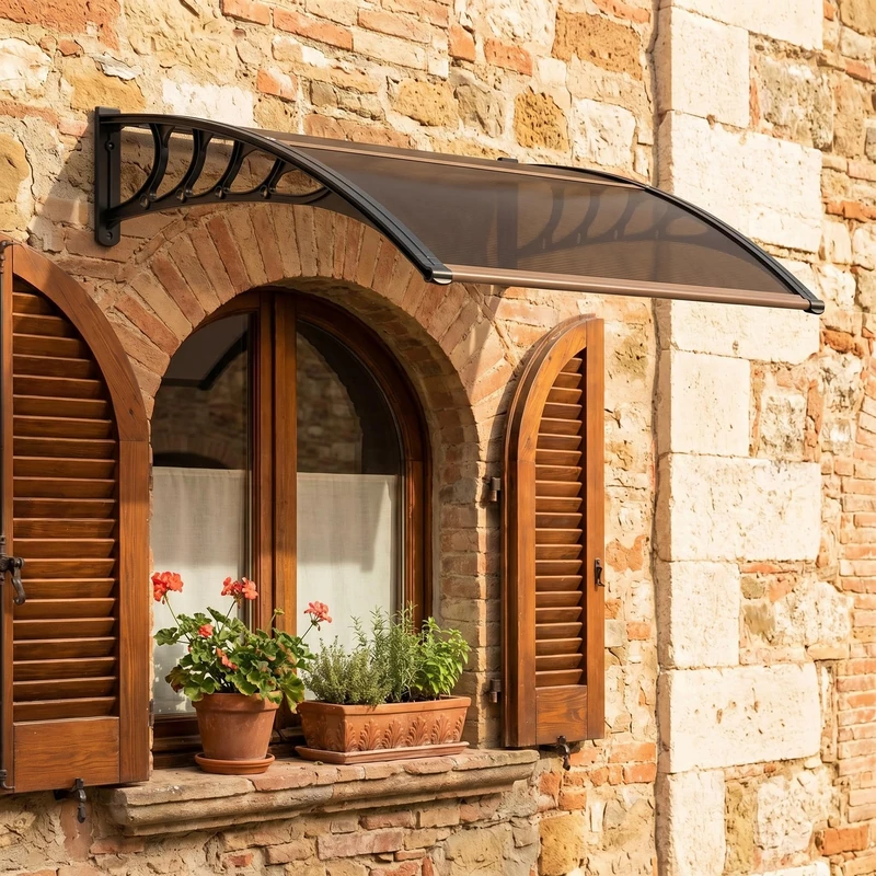 Garvee Outdoor Canopy 100 x 150 cm Transparent Polycarbonate - UV Protection, Rain and Snow - Aluminium Frame, Easy to Install - Perfect for Entrance or Porch - Colour: Brown - Image 1