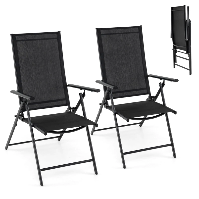 GiantexUK Set of 2 Patio Folding Chairs, 5-Position Reclining Garden Chairs with Mesh breathable Seat & Armrests, Metal Frame Outdoor Dining Seating for Balcony Lawn Poolside