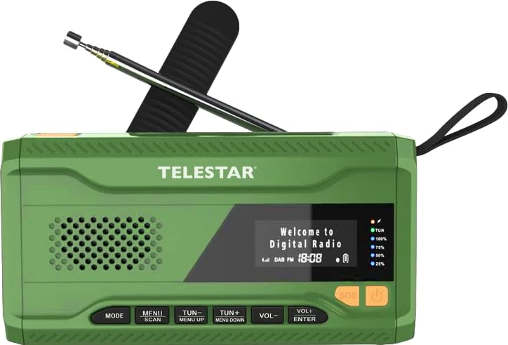 TELESTAR TOP NR 5 - Emergency Radio (Compact Crank Radio, 4000mAh Battery, Solar Panel, Power Bank Function, Flashlight) - Green