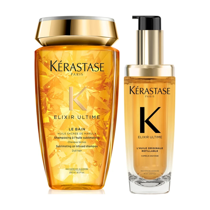 Kérastase Elixir Ultime Shine Shampoo 250ml and Refillable Hair Oil 75ml, Nourishing Wash and Treat Routine for Dull Hair with Argan and Camellia Oil
