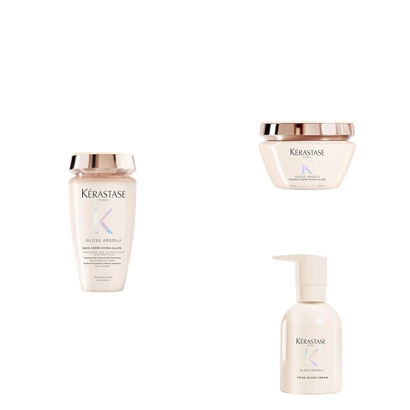 Kerastase Gloss Absolu Anti-Frizz Shampoo 250ml, Hair Mask 200ml and Leave-In Curl Cream 240ml, Hydrating Heat Protection Routine for Thick and Curly Hair