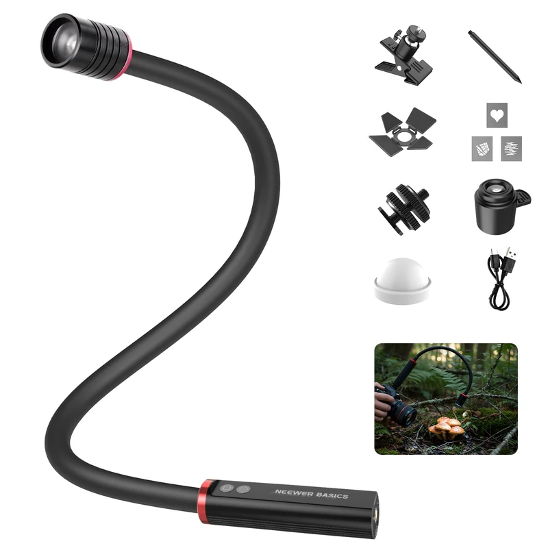 NEEWER BASICS ML01 USB C LED Light for Macro Photography, 4W IP54 Bendable Adjustable Beam Angle 1700LUX CRI95 Spotlight with 5 RGB Colors, 2500mAh Battery, Camera Cold Shoe, Clamp, Gobo Accessories - Image 1