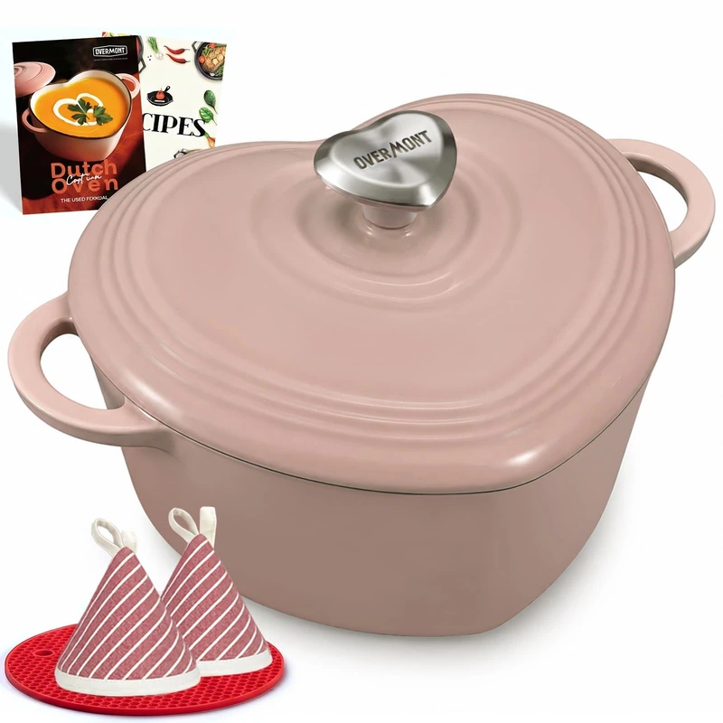 Overmont 2L Enamelled Cast Iron Dutch Oven - Heart-Shaped Casserole Dish with Lid - 2QT Mini Pot, Oven Safe to 260°C for Baking Bread, Soups & Stews - Gift for Wedding Birthday Housewarming, Pink - Image 1