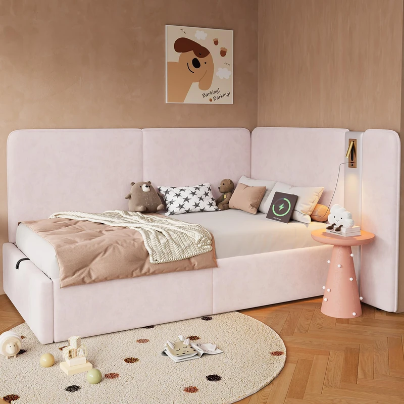 Ball & Cast 3FT Single Ottoman Bed Frame, Upholstered Daybed Sofabed, L-shaped Corner Bed with Hydraulic Storage, USB Charging Port & Reading Lamp, Velvet, Pink/90x190cm(No Mattress)