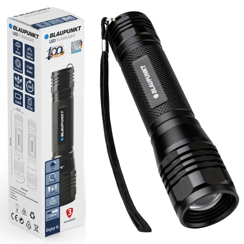 Blaupunkt LED Torch - 1600 Lumens Ultra Bright Flashlight, 10h Runtime, 3 Modes, Zoomable, IPX4 Water Resistant Aluminium. Tactical Searchlight for Camping, Emergency (6X AA - No Batteries) - 2 Pack