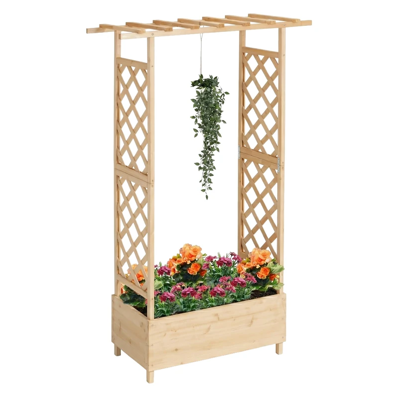 Relaxdays Planter with Trellis & Roof, HWD: 183x110x44 cm, Flower Box with Canopy, Balcony, Patio & Garden, Wooden