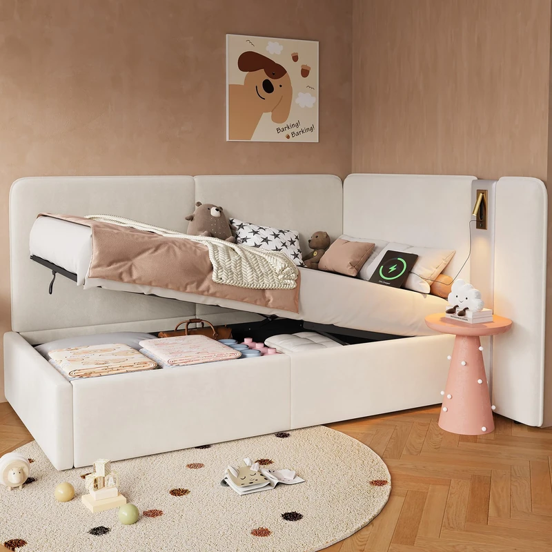 Ball & Cast 3FT Single Ottoman Bed Frame, Upholstered Daybed Sofabed, L-shaped Corner Bed with Hydraulic Storage, USB Charging Port & Reading Lamp, Velvet, Beige/90x190cm(No Mattress)