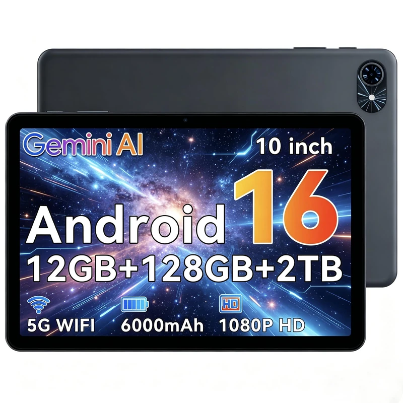 10 Inch Android 16 Tablet with GEMINI AI 2.0,12GB RAM+128GB ROM (Expandable to 2TB TF),5G WiFi, 120Hz, 6000mAh Battery with Fast Charging,1080P HD,Bluetooth 5.0,Smart Lens,GPS,2-Year Warranty