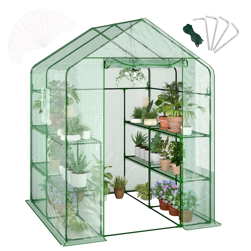 Garvee Garden Greenhouse, 143 x 143 x 195 cm, Walk-in Greenhouse with 12 Shelves and 2 Windows, Reinforced PE Cover 140G for Vegetable Gardens and Plants, Green - Image 1