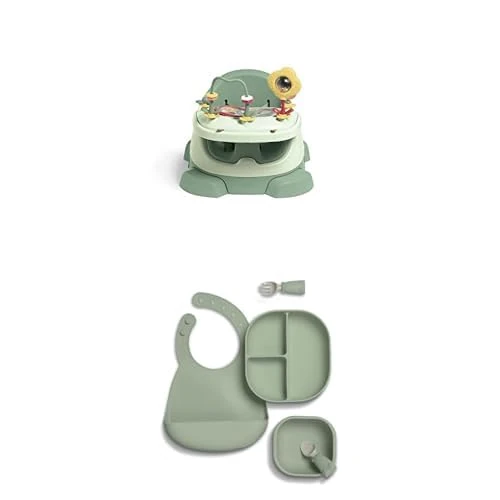 Mamas & Papas Baby Bug Booster Seat with 4 piece Weaning Kit Bundle for Dining, Detachable Tray, Harness, Adjustable Seat and Non-Slip Feet, Eucalyptus