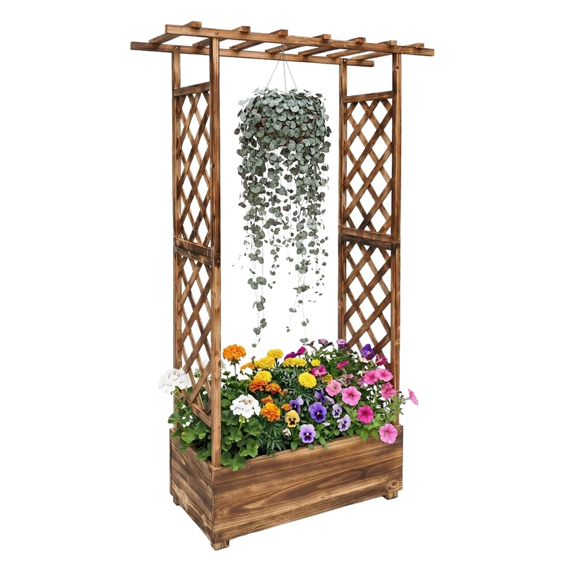 Relaxdays Planter with Trellis & Roof, HWD: 183x110x44 cm, Flower Box with Canopy, Balcony, Patio & Garden, Wooden