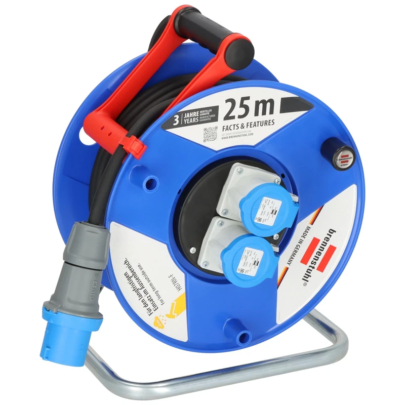 Brennenstuhl Garant CEE 2 IP44 Industrial/Construction Cable Reel 25 m (H07RN-F 3G2.5 Black Cable, Cable Reel with 2 CEE sockets, for Continuous Outdoor use IP44, Made in Germany) Blue