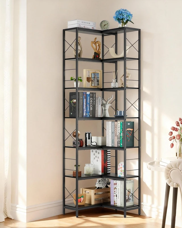 GarveeHome Corner Shelf, 7-Tier Industrial Style Metal Bookcase with Adjustable Feet and Non-Slip Set, Freestanding Shelf for Living Room and Home Office, Black