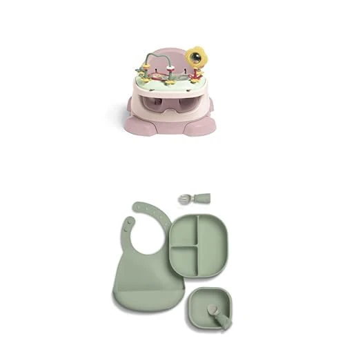 Mamas & Papas Baby Bug Booster Seat with 4 piece Weaning Kit Bundle for Dining, Detachable Tray, Harness, Adjustable Seat and Non-Slip Feet, Blossom (Pink)