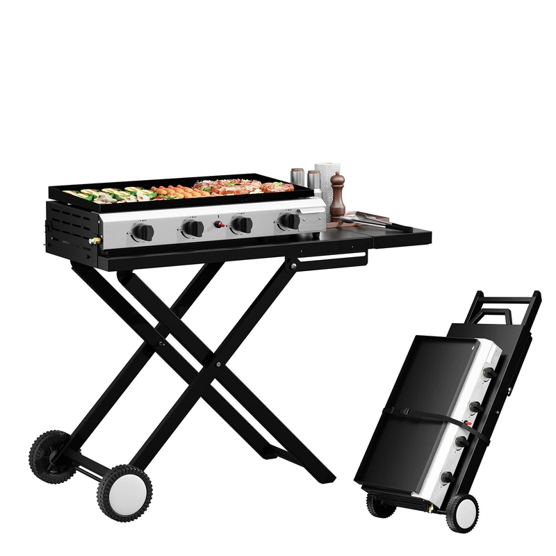 ROVSUN 4 Burner Foldable Propane Griddle with Wheels & Enameled Tray, 40000 BTU Portable Flat Top Gas Grill with Electronic Ignition & Regulator for Outdoor Cooking Camping BBQ Tailgating Party