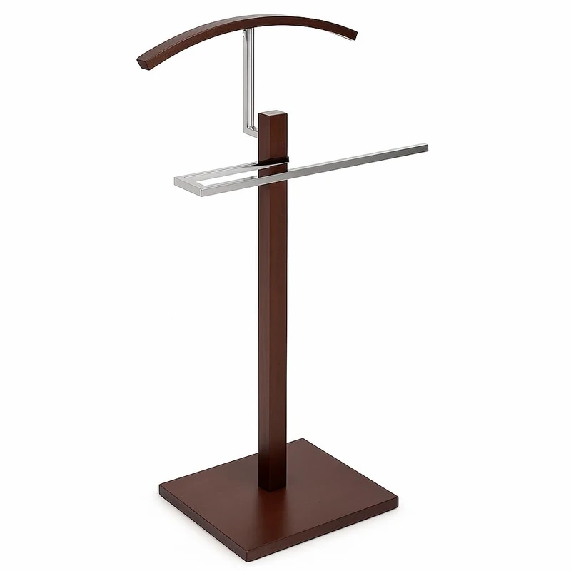 TAISSU - Valet Stand Mod. VAREN - Chrome and Wood Finish - With Top Hanger and Pants Bar - 47 x 35 x 111 cm - Stainless Steel and Wood - Bedroom Coat Rack