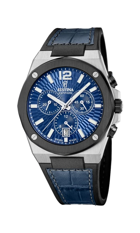 Festina Swiss Made Mens Steel Chronograph Watch with Leather Strap F22003/2 - Image 1