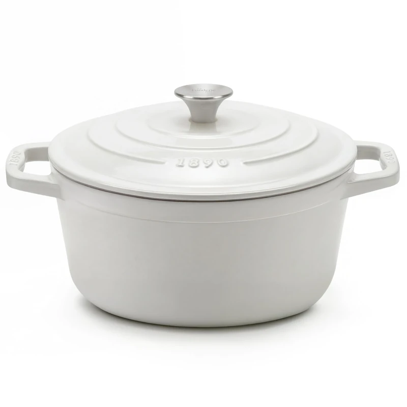La Fonderie 1890 IENA25 Enamelled Cast Iron Round Casserole Dish 25 cm, Capacity 4.7 L, Beige, Suitable for All Hobs, Induction, Gas, Electric, Grill and Oven, Cast Iron Lid, Ideal for Stewing and