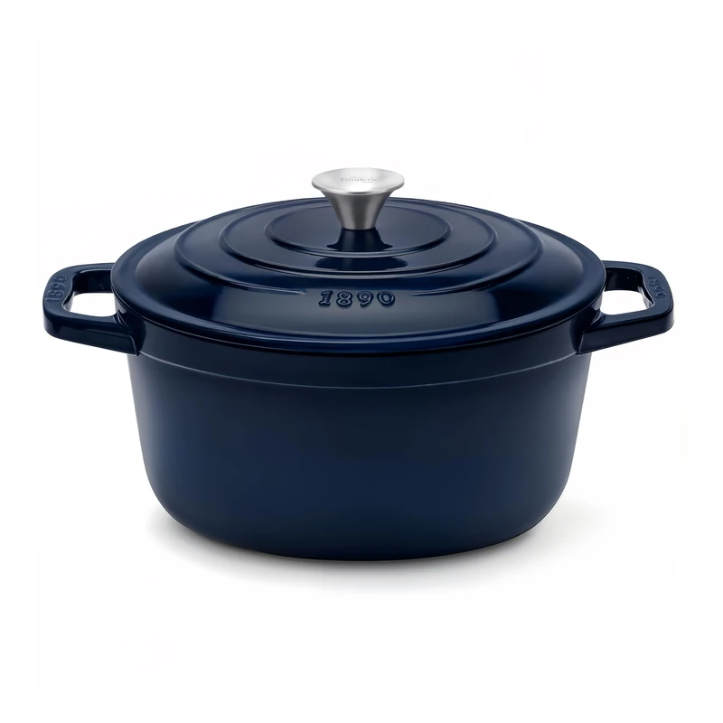 La Fonderie 1890 ALMA22 Round Enamelled Cast Iron Casserole Dish 22 cm Capacity 3.3 L Navy Blue Suitable for All Hobs (Induction, Gas, Electric), Grill and Oven, Cast Iron Deck