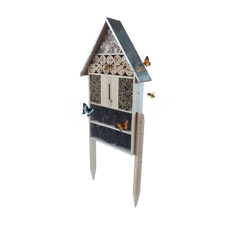 Relaxdays Insect Hotel with stand, fir wood, galvanised metal roof, HxWxD: 119 x 50 x 12 cm, natural/silver