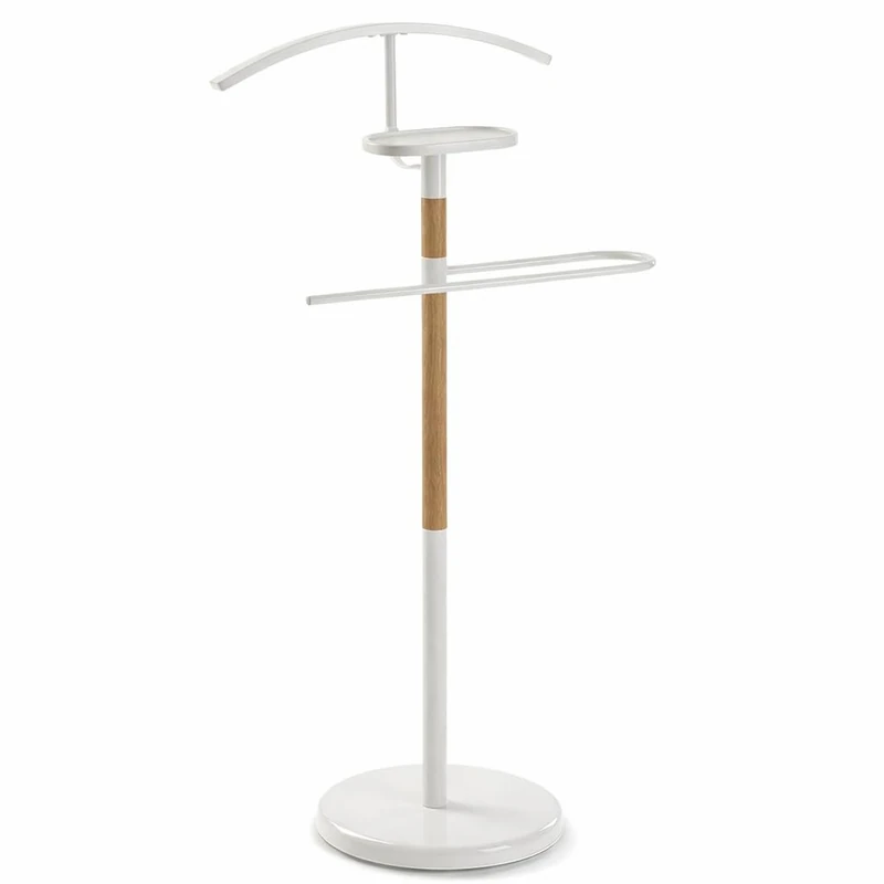 TAISSU - Valet Stand Mod. EIDE - White and Wood - With Top Hanger and Pants Bar - 47 x 29 x 111 cm - Steel and Wood - Bedroom Coat Rack - Image 1