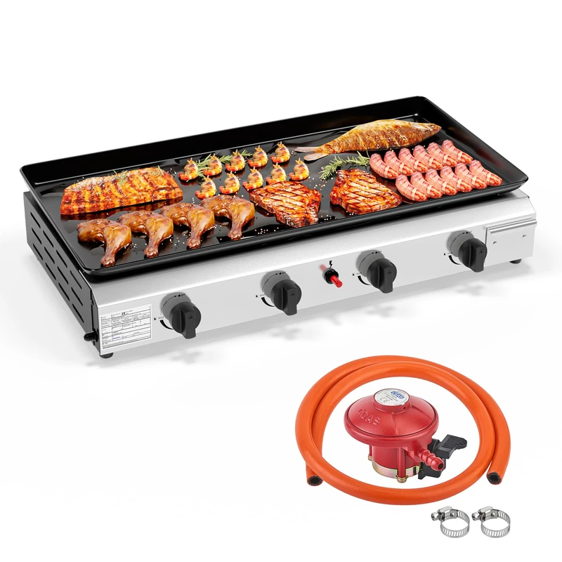 ROVSUN 4 Burner Poartable Gas BBQ, 4000BTU Outdoor Barbecue Grill, Tabletop Stainless Steel BBQ with Non-Stick Griddle for Camping, Patio Party